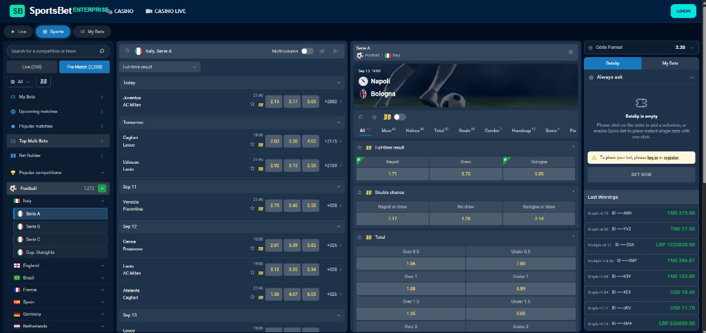 Turnkey Live Sportsbook Platform Frontend with Serie A Fixtures